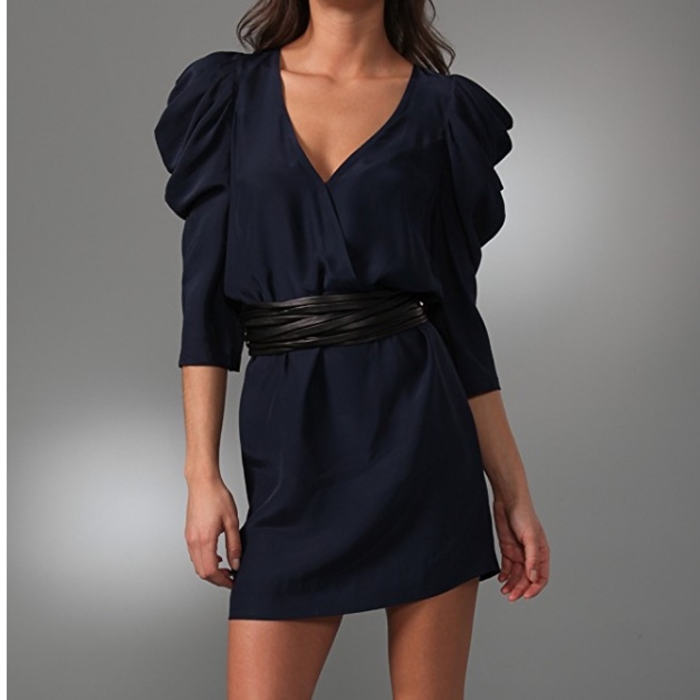 Elizabeth and James Navy Dress with Puff Sleeves